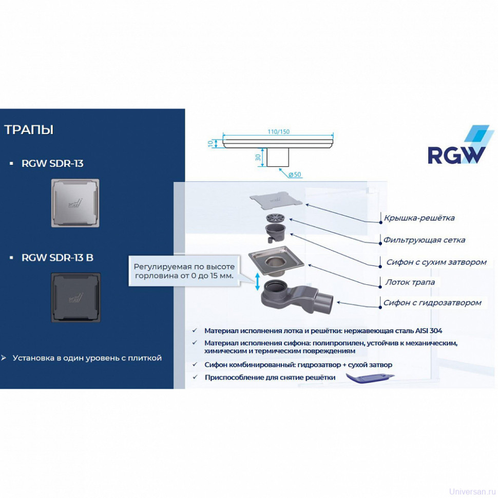 Душевой трап RGW SDR-13B 47211315-04 с решеткой 