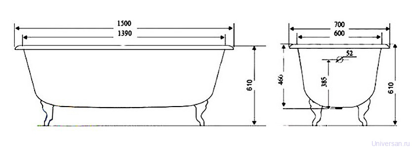 Чугунная ванна Timo Standart 3V 150x70 с ручками 