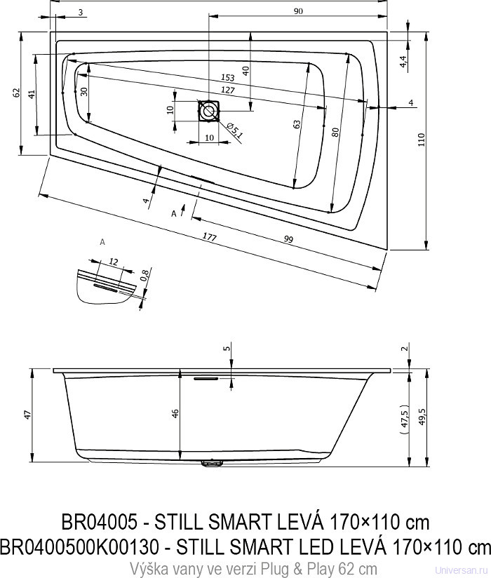 Акриловая ванна Riho Still Smart BR04C0500K00130 170х110 L c LED (через перелив) 