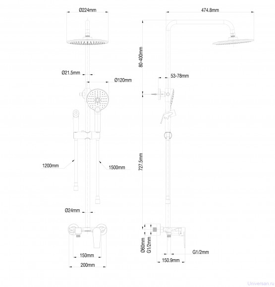 Душевая система с техническим душем WONZON & WOGHAND, Белый матовый (WW-A30874-MW) 
