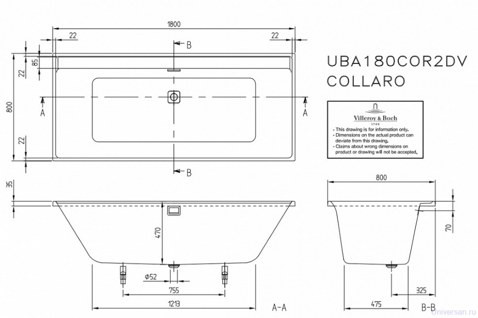 Акриловая ванна Villeroy & Boch Collaro UBA180COR2DV-01 