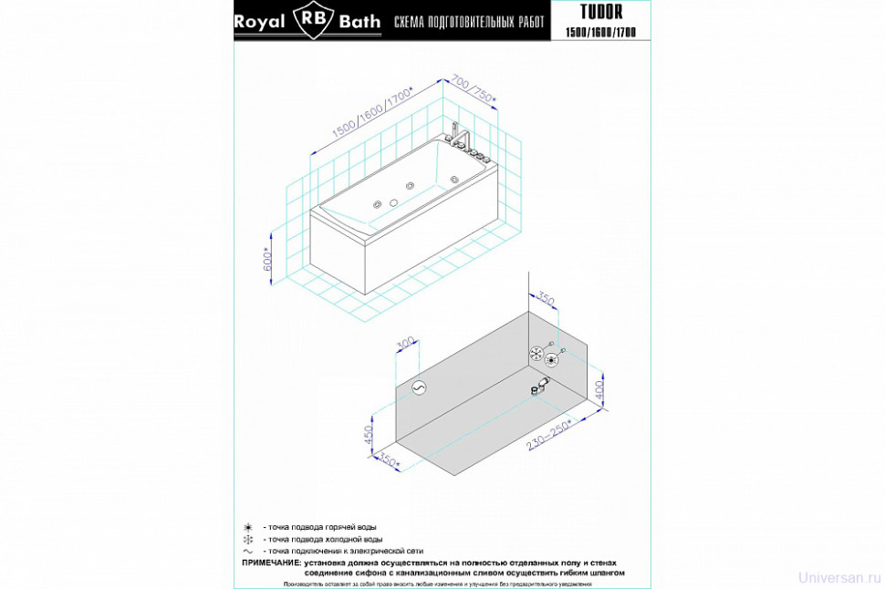 Акриловая ванна Royal Bath TUDOR STANDART 150x70x60 с гидромассажем 
